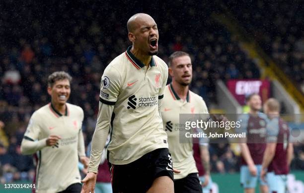 Fabinho of Liverpool celebrates after scoring the opening goal during the Premier League match between Burnley and Liverpool at Turf Moor on February...