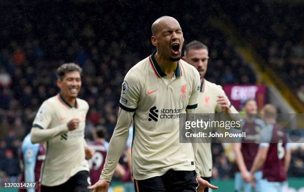 Fabinho of Liverpool celebrates after scoring the opening goal during the Premier League match between Burnley and Liverpool at Turf Moor on February...