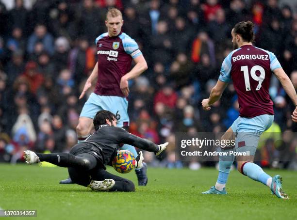 Alisson Becker of Liverpool during the Premier League match between Burnley and Liverpool at Turf Moor on February 13, 2022 in Burnley, England.