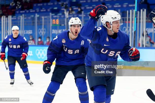 Nathan Smith of Team United States reacts after scoring during the Men's Ice Hockey Preliminary Round Group A match between Team United States and...
