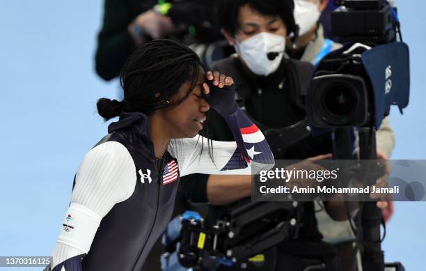 Erin Jackson of Team United States reacts after winning the Gold medal during the Women's 500m on day nine of the Beijing 2022 Winter Olympic Games...
