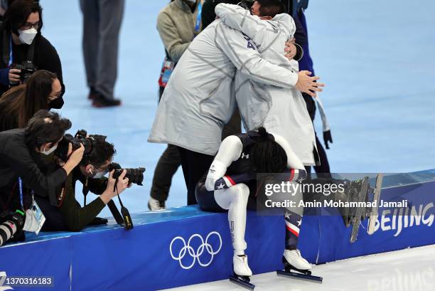 Erin Jackson of Team United States reacts after winning the Gold medal during the Women's 500m on day nine of the Beijing 2022 Winter Olympic Games...