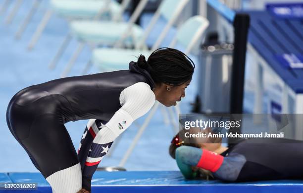 Erin Jackson of Team United States wins the Gold medal during the Women's 500m on day nine of the Beijing 2022 Winter Olympic Games at National Speed...