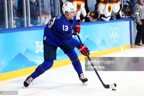 Nathan Smith of Team United States in action during the Men's Ice Hockey Preliminary Round Group A match between Team United States and Team Germany...