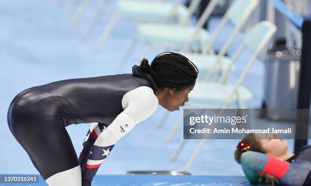Erin Jackson of Team United States wins the Gold medal during the Women's 500m on day nine of the Beijing 2022 Winter Olympic Games at National Speed...