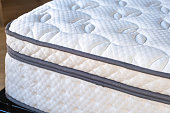 Mattress on a bed close up. Home bedroom interior detail, high angle view .