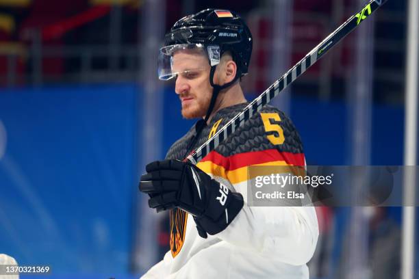 Korbinian Holzer of Team Germany reacts in the third period during the Men's Ice Hockey Preliminary Round Group A match between Team United States...