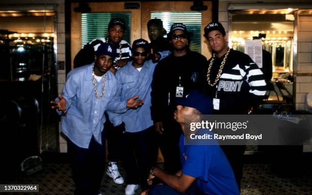 Rapper and producer Dr. Dre , Laylaw of Above The Law, MC Ren , Eazy-E , Ice Cube and DJ Yella of N.W.A. Poses for photos with rapper The D.O.C....