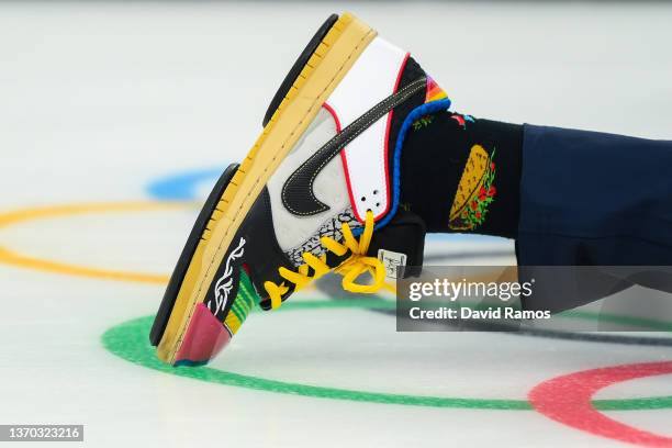 Detailed view of socks worn by Matt Hamilton of Team United States while competing against Team China during the Men's Curling Round Robin Session 7...
