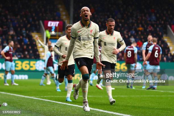Fabinho of Liverpool celebrates scoring the opening goal during the Premier League match between Burnley and Liverpool at Turf Moor on February 13,...