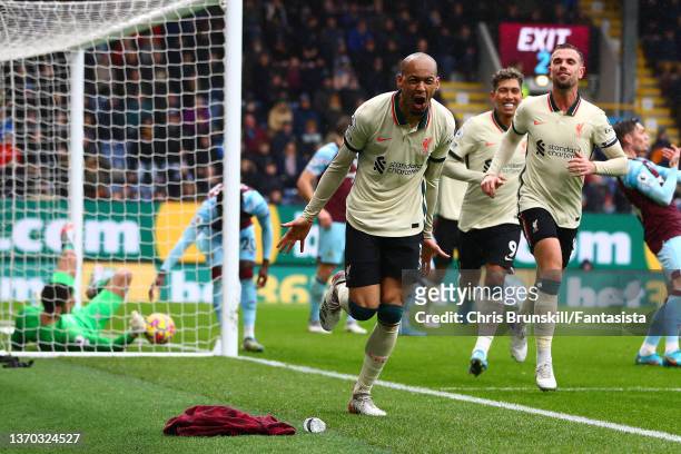 Fabinho of Liverpool celebrates scoring the opening goal during the Premier League match between Burnley and Liverpool at Turf Moor on February 13,...