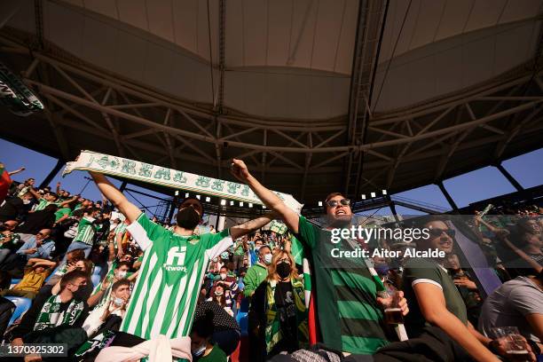 Fans of Real Betis during the LaLiga Santander match between Levante UD and Real Betis at Ciutat de Valencia Stadium on February 13, 2022 in...