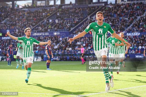 Edgar Gonzalez of Real Betis celebrates after scoring their second goal during the LaLiga Santander match between Levante UD and Real Betis at Ciutat...