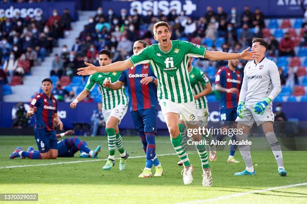 Edgar Gonzalez of Real Betis celebrates after scoring their second goal during the LaLiga Santander match between Levante UD and Real Betis at Ciutat...