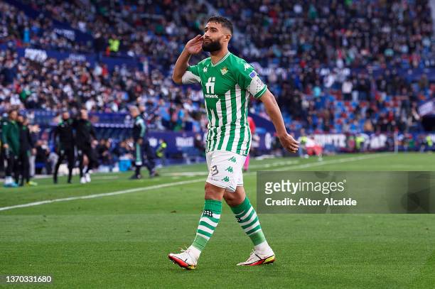 Nabil Fekir of Real Betis celebrates after scoring their fourth goal during the LaLiga Santander match between Levante UD and Real Betis at Ciutat de...