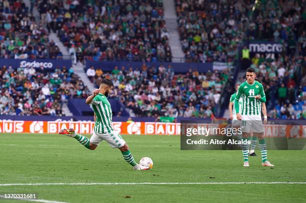 Nabil Fekir of Real Betis shoots for score their fourth goal during the LaLiga Santander match between Levante UD and Real Betis at Ciutat de...