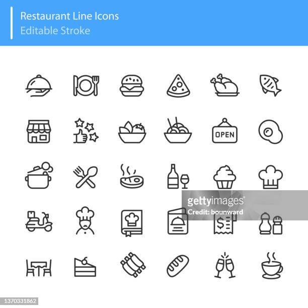 ilustraciones, imágenes clip art, dibujos animados e iconos de stock de iconos de línea de restaurante trazo editable - corte de carne