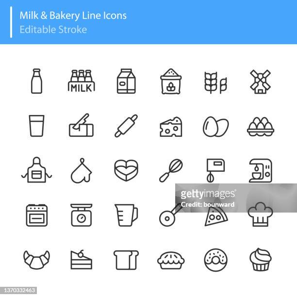 milk & bakery line icons bearbeitbarer strich - industrie ofen stock-grafiken, -clipart, -cartoons und -symbole