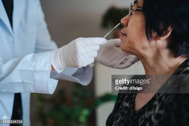 doctor in protective gloves carrying out nose swab test from a senior asian woman for possible coronavirus infection. doctor collecting nasal sample for covid-19 rapid lateral flow test for senior adult - pcr gerät stock-fotos und bilder