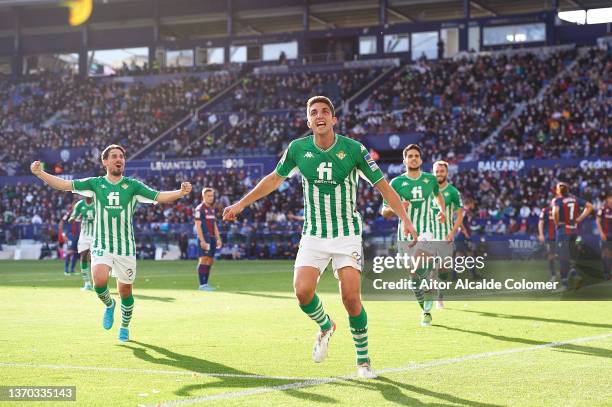 Edgar Gonzalez of Real Betis celebrates after scoring their second goal during the LaLiga Santander match between Levante UD and Real Betis at Ciutat...