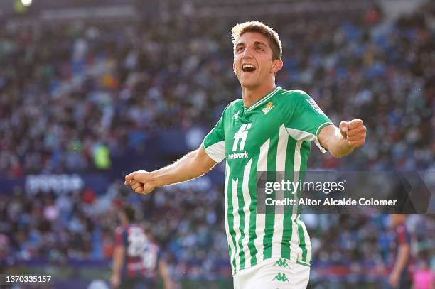 Edgar Gonzalez of Real Betis celebrates after scoring their second goal during the LaLiga Santander match between Levante UD and Real Betis at Ciutat...