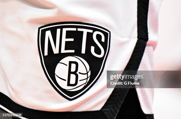 The Brooklyn Nets logo on their uniform during the game against the Washington Wizards at Capital One Arena on February 10, 2022 in Washington, DC....