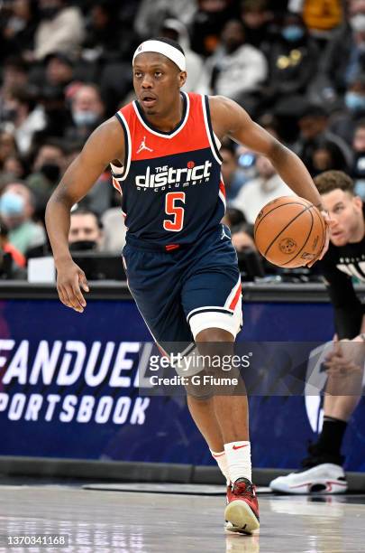 Cassius Winston of the Washington Wizards handles the ball against the Brooklyn Nets at Capital One Arena on February 10, 2022 in Washington, DC....