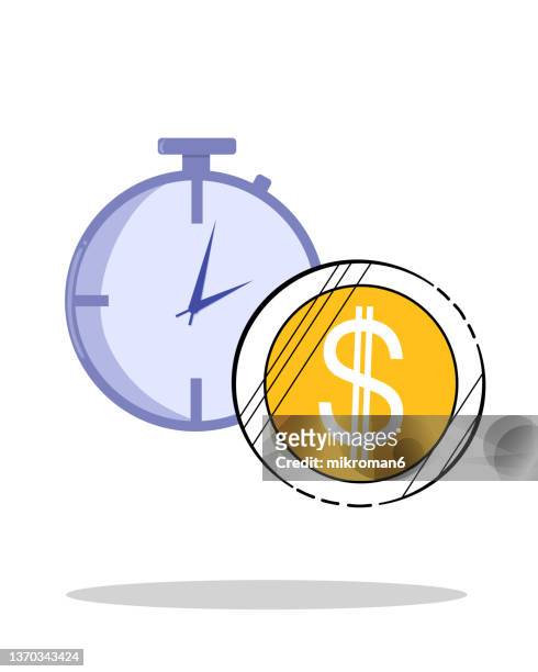 illustration of a clock and a dollar coin icon indicating long term investment - long term investment stockfoto's en -beelden