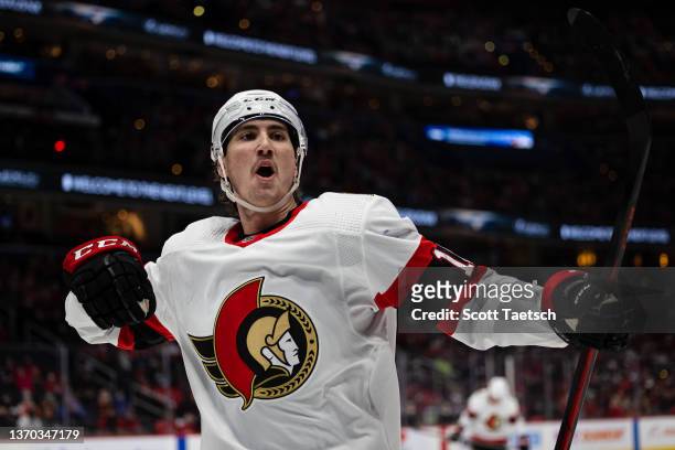 Alex Formenton of the Ottawa Senators celebrates after scoring a goal against the Washington Capitals during the first period of the game at Capital...