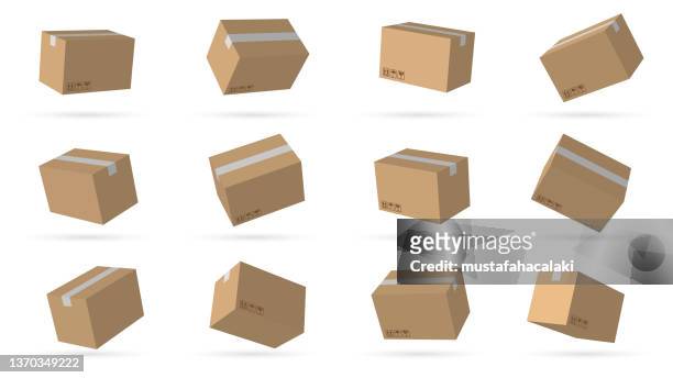 3d closed cardboard boxes - brown box stock illustrations