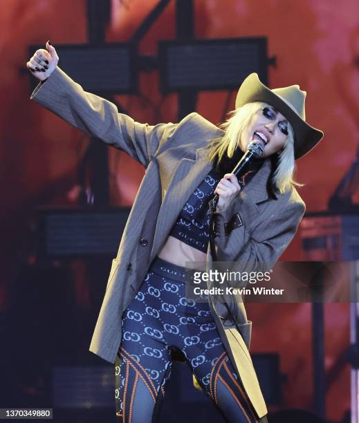 Miley Cyrus performs onstage during the Bud Light Super Bowl Music Festival at Crypto.com Arena on February 12, 2022 in Los Angeles, California.