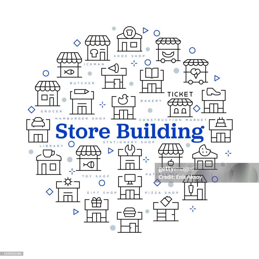 Store buildings. Vector design with icons and keywords