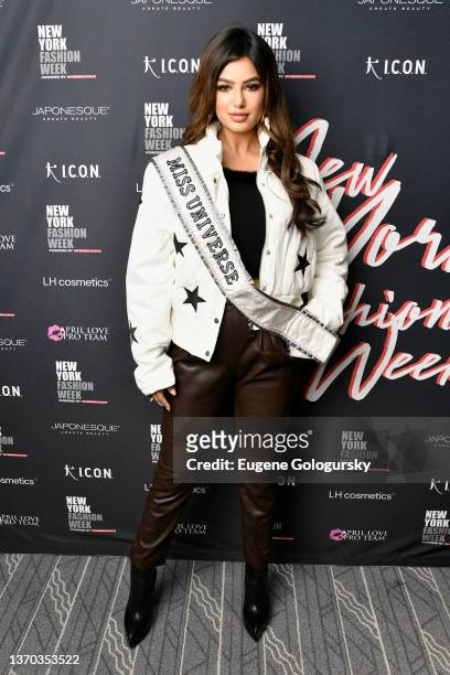 Miss Universe Harnaaz Sandhu attends New York Fashion Week Powered By Art Hearts Fashion at The Ziegfeld Ballroom on February 13, 2022 in New York...