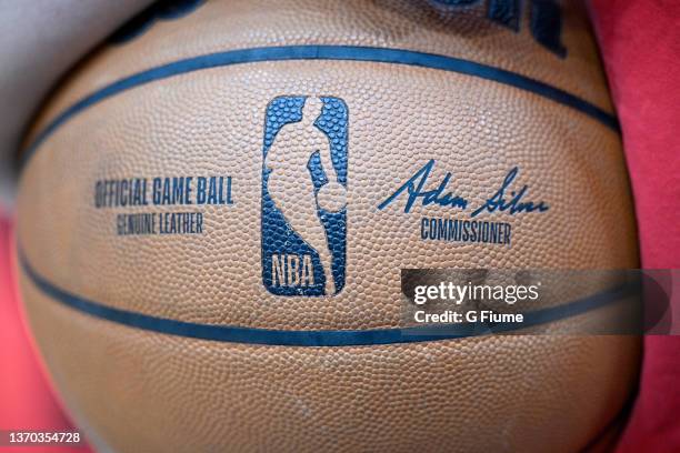 The NBA logo on the basketball before the game between the Washington Wizards and the Brooklyn Nets at Capital One Arena on February 10, 2022 in...
