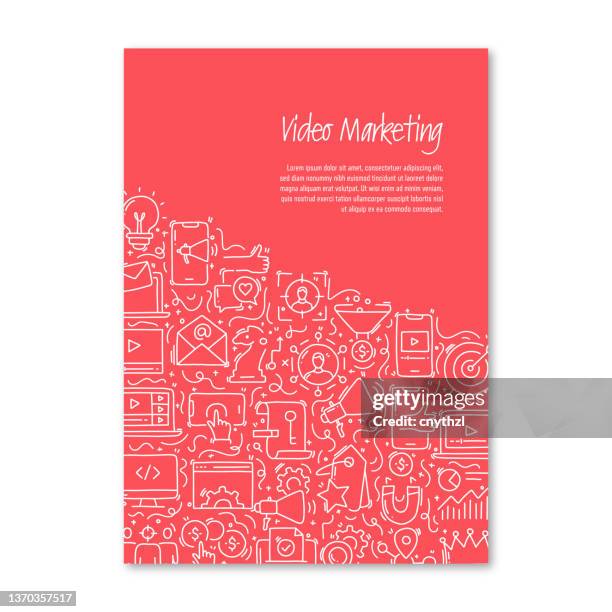 video marketing related objects and elements. hand drawn vector doodle illustration collection. poster, cover template with different video marketing objects - studio camera stock illustrations