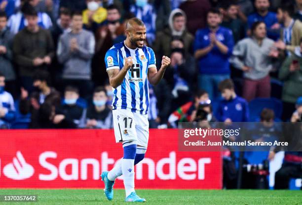 Rafael Alcantara of Real Sociedad celebrates after scoring his team's second goal during the LaLiga Santander match between Real Sociedad and Granada...