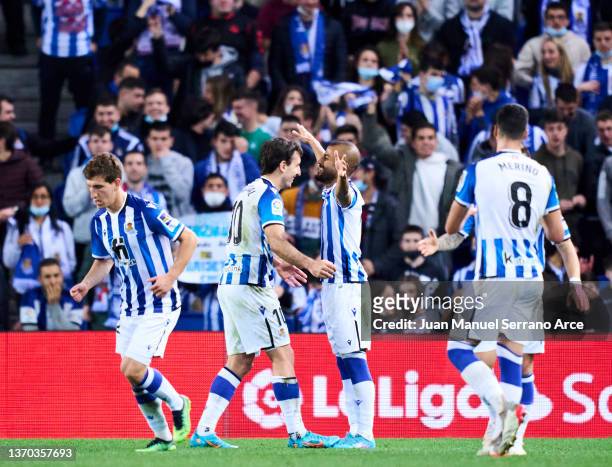 Rafael Alcantara of Real Sociedad celebrates after scoring his team's second goal during the LaLiga Santander match between Real Sociedad and Granada...
