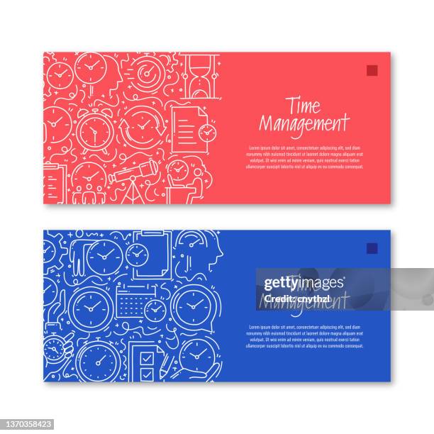 time management related objects and elements. hand drawn vector doodle illustration collection. banner template with different time management objects - drawing mind map stock illustrations