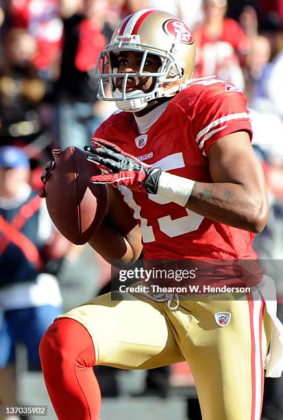 Michael Crabtree of the San Francisco 49ers celebrates after scoring a touchdown against the New Orleans Saints in the first quarter during the...