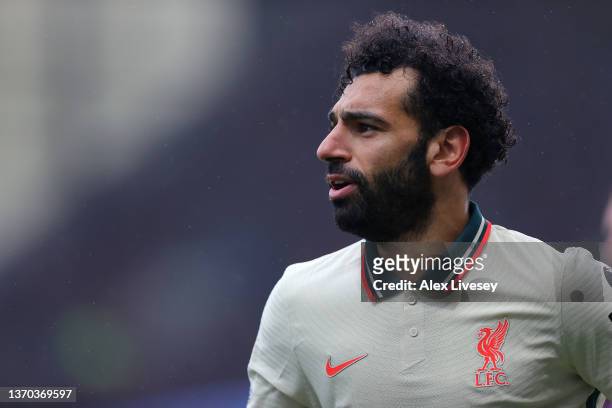 Mohamed Salah of Liverpool looks on during the Premier League match between Burnley and Liverpool at Turf Moor on February 13, 2022 in Burnley,...