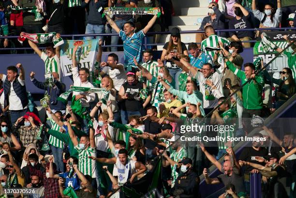 Real Betis fans celebrate after Nabil Fekir of Real Betis scored their sides first goal during the La Liga Santander match between Levante UD and...