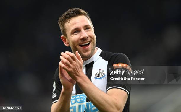 Newcastle player Paul Dummett applauds the fans after the Premier League match between Newcastle United and Aston Villa at St. James Park on February...