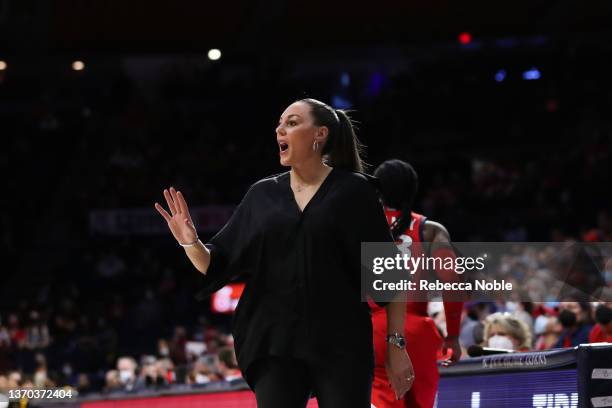 Head coach Adia Barnes of the Arizona Wildcats instructs her team during their game against the Arizona State Sun Devils at McKale Center on February...