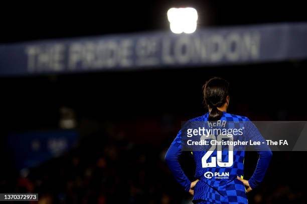 Sam Kerr of Chelsea during the Barclays FA Women's Super League match between Chelsea Women and Arsenal Women at Kingsmeadow on February 11, 2022 in...