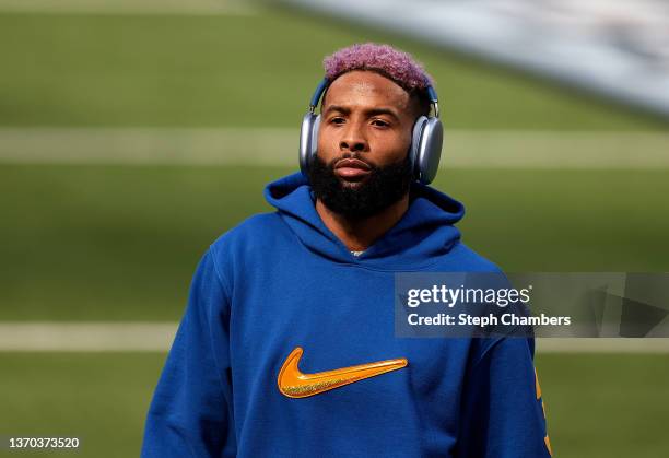 Odell Beckham Jr. #3 warms up during Super Bowl LVI at SoFi Stadium on February 13, 2022 in Inglewood, California.