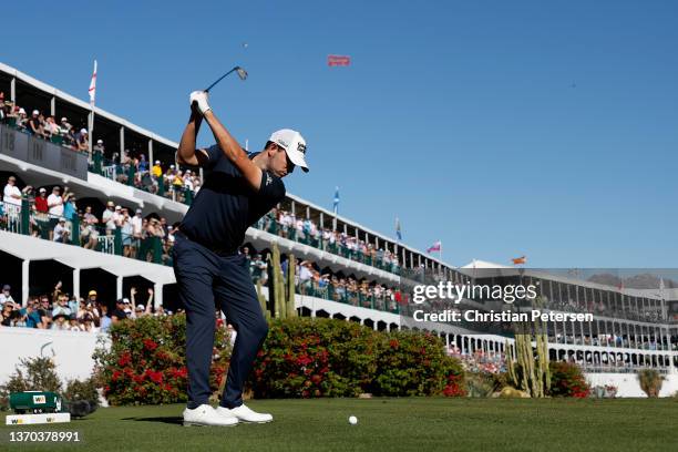 Patrick Cantlay of the United States hits his tee shot on the 16th hole during the final round of the WM Phoenix Open at TPC Scottsdale on February...