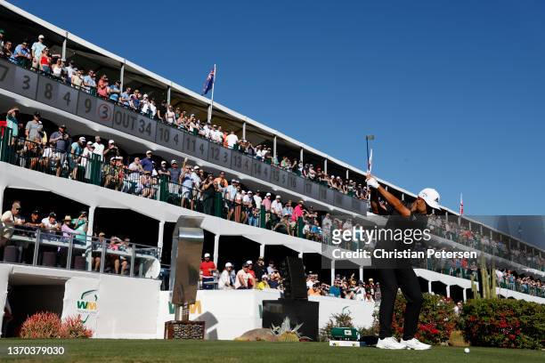 Xander Schauffele of the United States hits his tee shot on the 16th hole during the final round of the WM Phoenix Open at TPC Scottsdale on February...