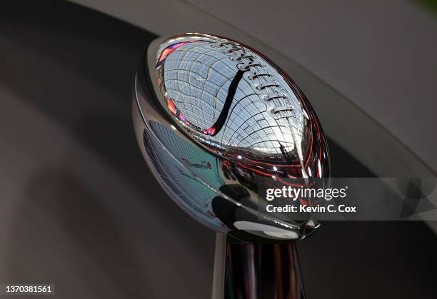 The Vince Lombardi Trophy is seen prior to Super Bowl LVI between the Los Angeles Rams and the Cincinnati Bengals at SoFi Stadium on February 13,...