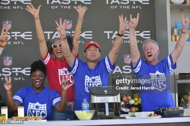 From left, Lasheeda Perry, Carla Hall, Ming Tsai and Tim Love at the Taste of the NFL event at The Petersen Automotive Museum on February 12, 2022 in...