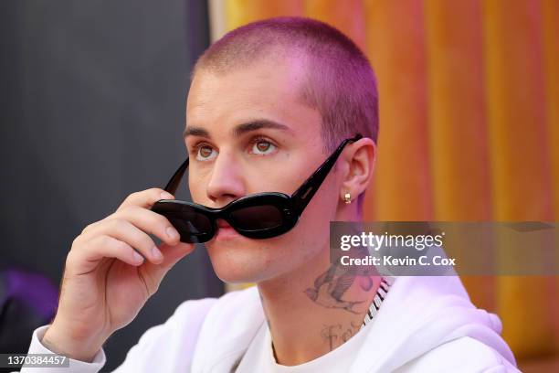 Singer Justin Bieber attends Super Bowl LVI between the Los Angeles Rams and the Cincinnati Bengals at SoFi Stadium on February 13, 2022 in...